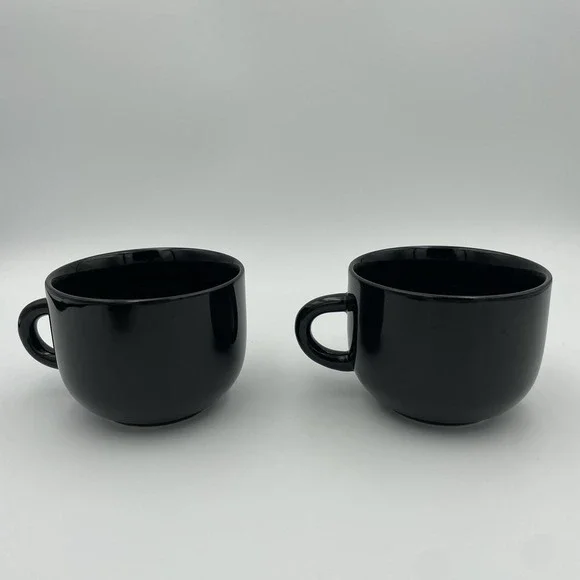 Vintage Newcor Stoneware 8oz Glossy Black Coffee/Tea Mugs Set Of 2, Thailand - Picture 4 of 13